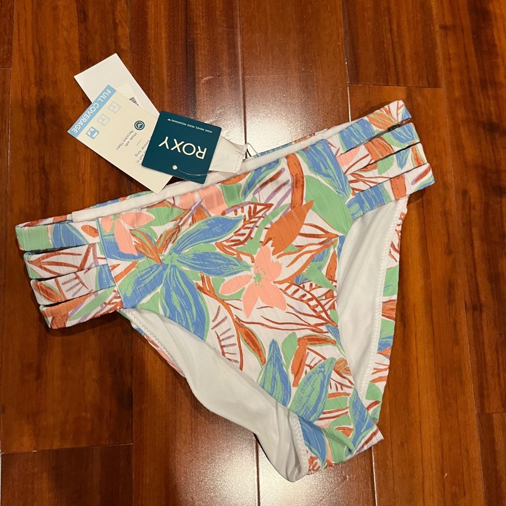 ROXY Bikini Bottom‎ Swim Tropical Floral Leaf Ribbed Blue Multi New NWT Size XS